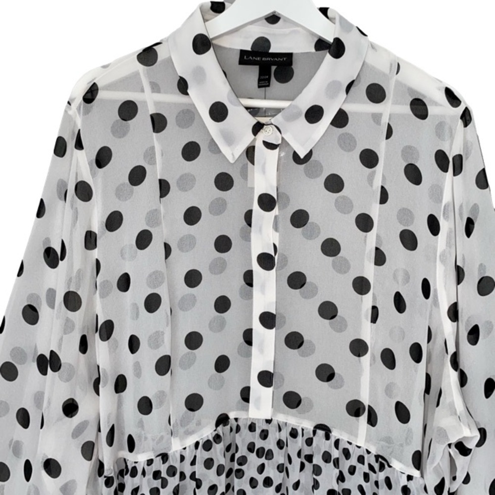 LANE BRYANT Sheer Blouse Long Sleeve White Black Polka Dot Women Plus Size 22/24 - Picture 3 of 14